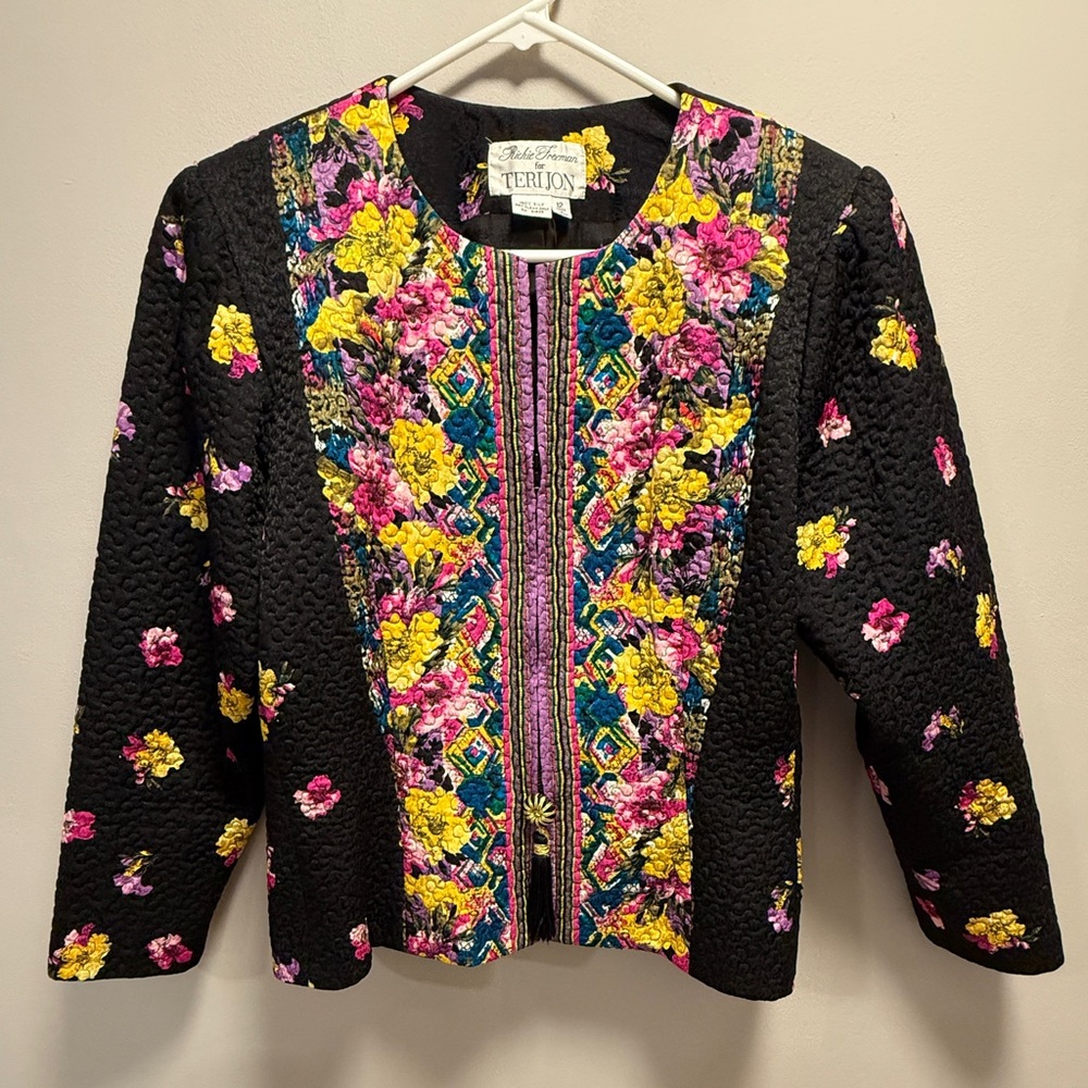 Vintage 80s Rickie Freeman for Teri Jon Cropped Quilted Floral Silk Jacket 12